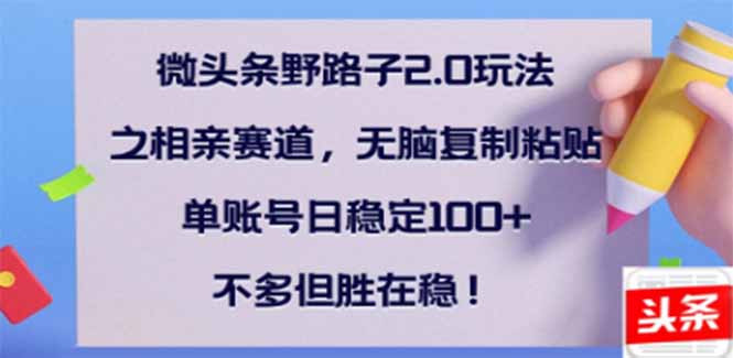 （14334期）微头条野路子2.0玩法之相亲赛道，无脑搬砖复制粘贴，单账号日稳定300+...-伊亚库