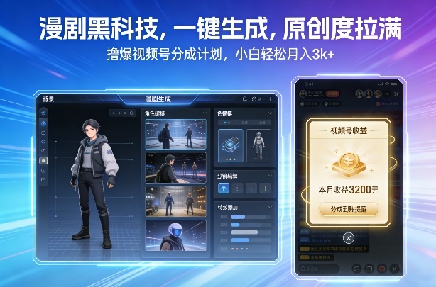 漫剧黑科技，一键生成，原创度拉满，撸爆视频号分成计划，小白轻松月入3k+-伊亚库