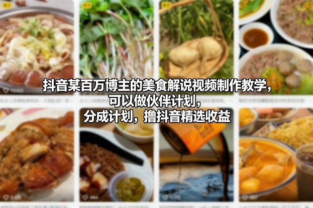 抖音某百万博主的美食解说视频制作教学，可以做伙伴计划，分成计划，撸抖音精选收益(更新)-伊亚库
