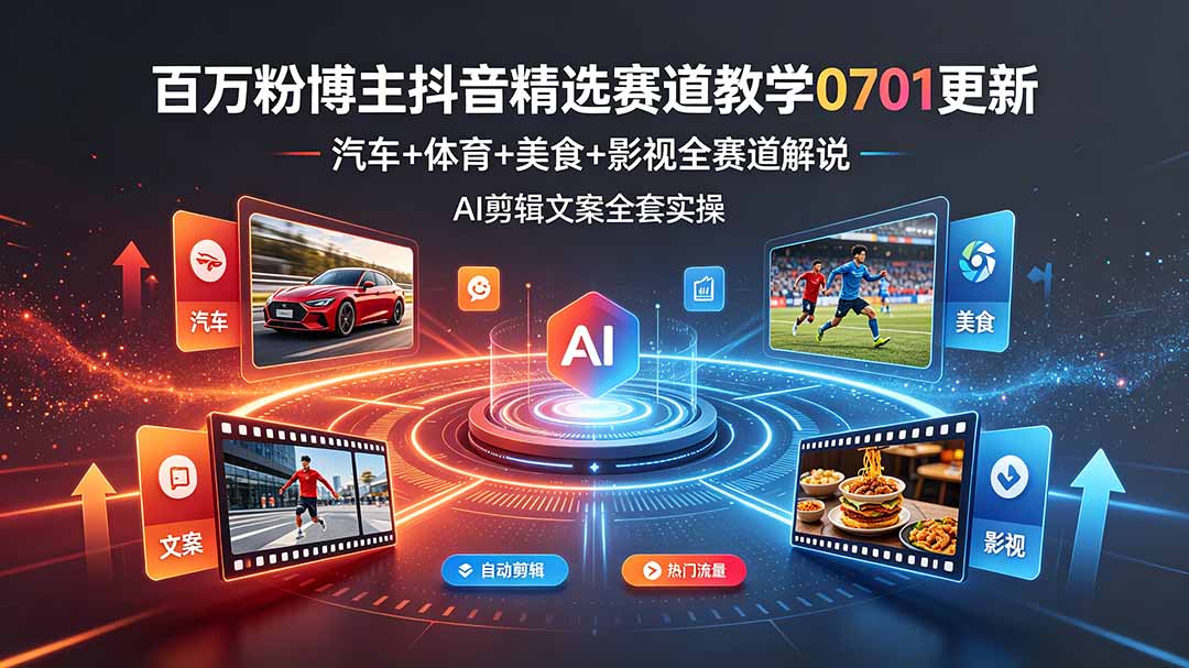 百万粉博主抖音精选赛道教学-0701更新，汽车+体育+美食+影视全赛道解说，AI剪辑文案全套实操-伊亚库