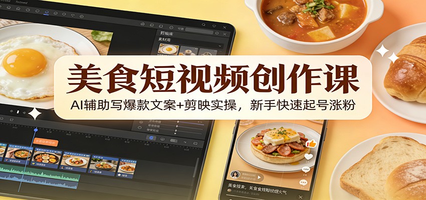 美食短视频创作课：AI辅助写爆款文案+剪映实操，新手快速起号涨粉-伊亚库