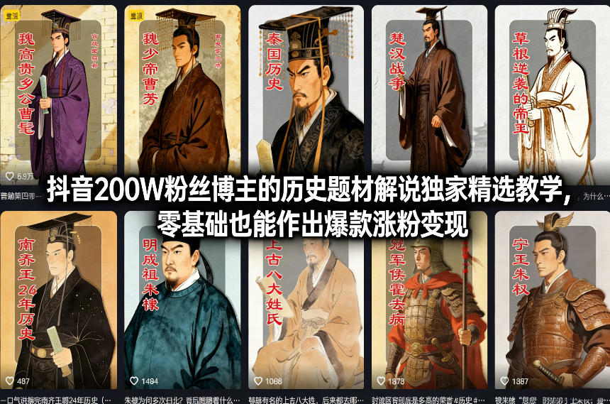 抖音200W粉丝博主的历史题材解说独家精选教学，零基础也能作出爆款涨粉变现-伊亚库