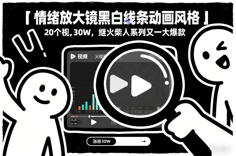 情绪放大镜黑白线条动画风格，20个视频，涨粉30W，继火柴人系列又一大爆款-伊亚库