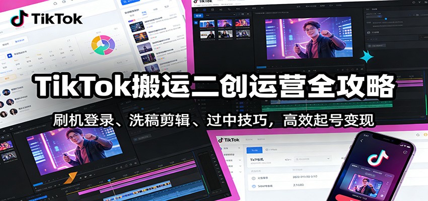 TikTok搬运二创运营全攻略：刷机登录、洗稿剪辑 、过中技巧，高效起号变现-伊亚库