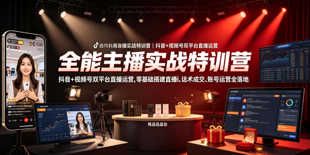 全能主播实战特训营|抖音+视频号双平台直播运营,零基础搭建直播间、精准选品、话术成交、账号运营全落地