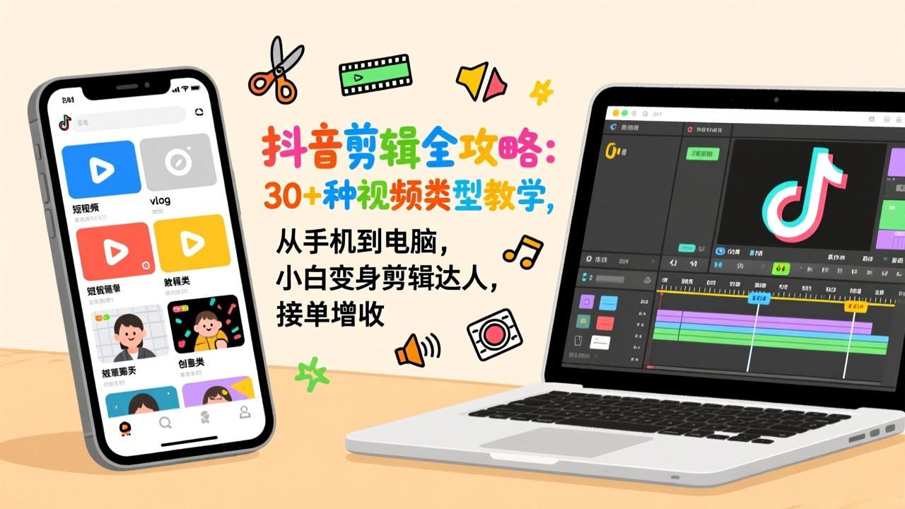 抖音剪辑全攻略：30+种视频类型教学，从手机到电脑，小白变身剪辑达人，接单增收-伊亚库