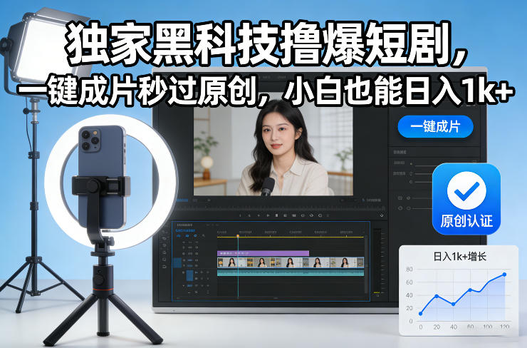 独家黑科技撸爆短剧，一键成片秒过原创，小白也能日入1k+【揭秘】-伊亚库