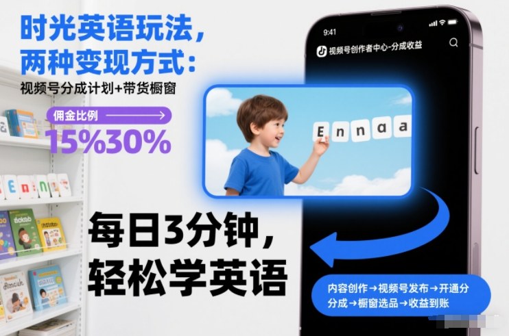 时光英语玩法，两种变现方式：视频号分成计划+带货橱窗-伊亚库