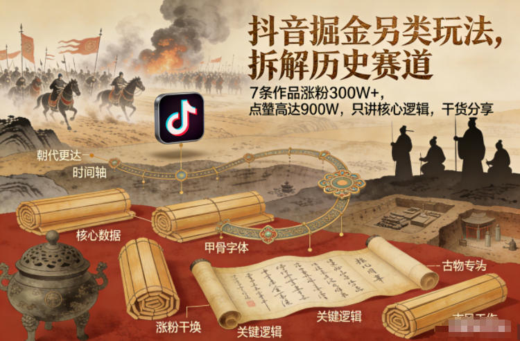 抖音掘金另类玩法，拆解历史赛道，7条作品涨粉300W+，点赞量高达900W，只讲核心逻辑，干货分享-伊亚库