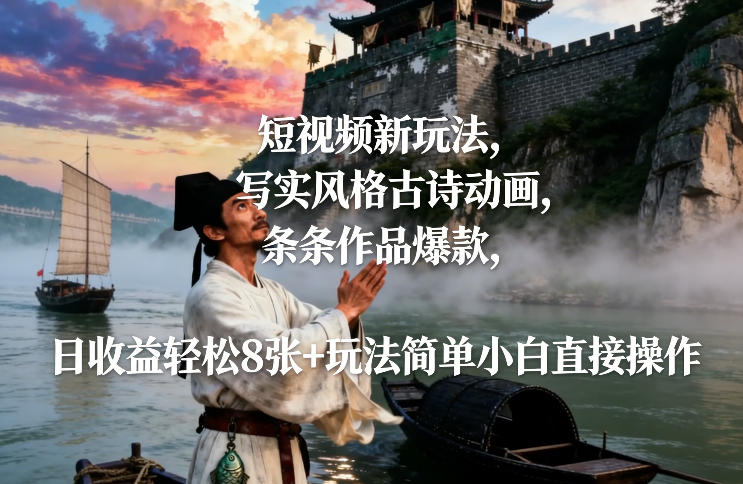 短视频新玩法，写实风格古诗动画，条条作品爆款，日收益轻松8张+玩法简单小白直接操作-伊亚库