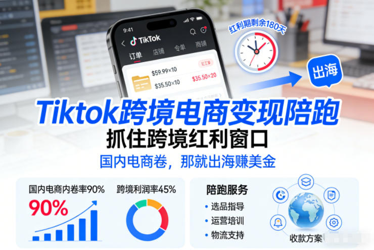 Tiktok跨境电商变现陪跑，抓住跨境红利窗口，国内电商卷，那就出海賺美金-伊亚库
