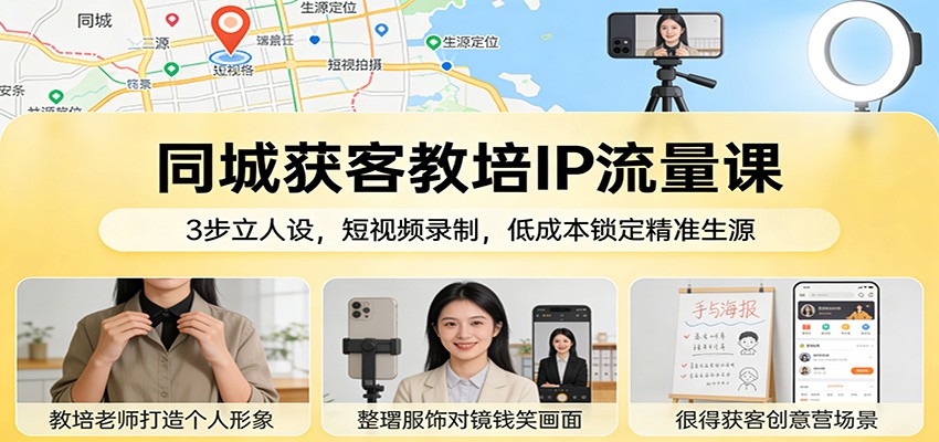 同城获客教培IP流量课：3步立人设，短视频录制，低成本锁定精准生源-伊亚库