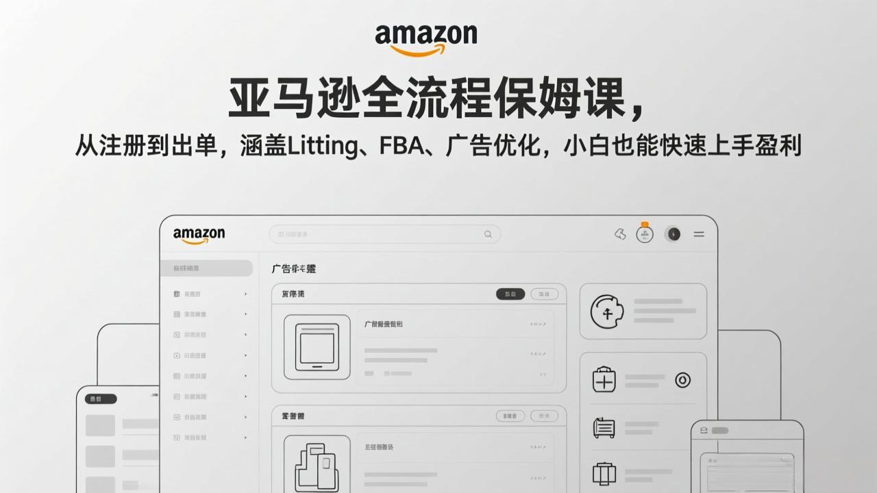 亚马逊全流程保姆课，从注册到出单，涵盖Listing、FBA、广告优化，小白也能快速上手盈利-伊亚库