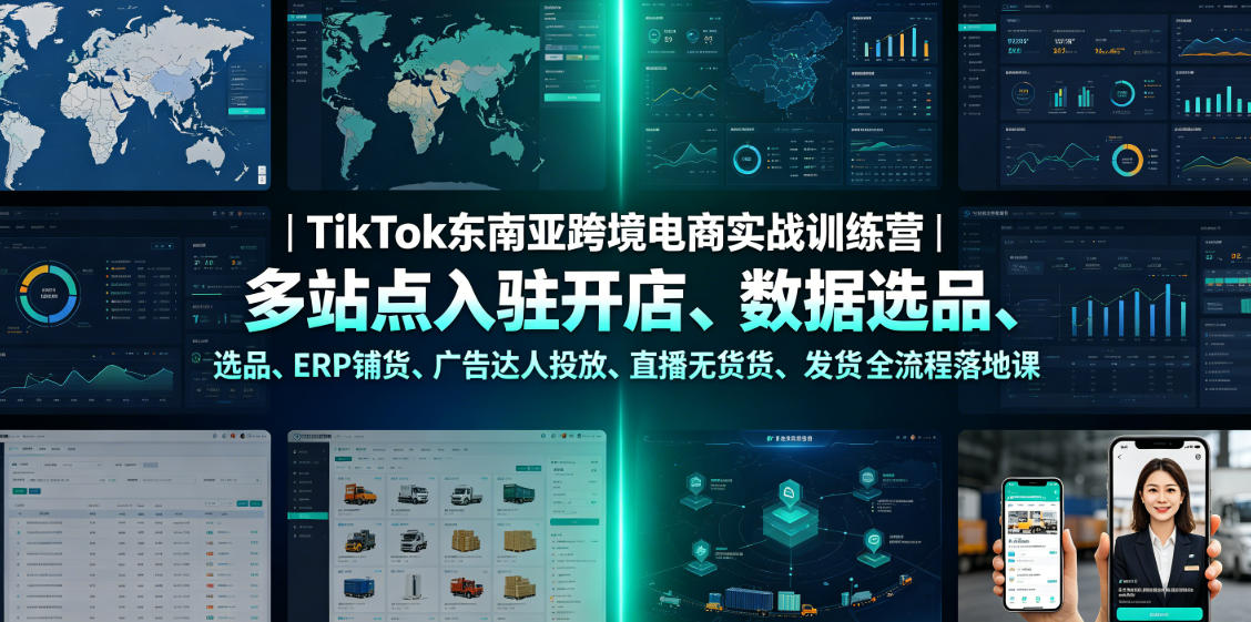 TikTok东南亚跨境电商实战训练营|多站点入驻开店、数据选品、ERP铺货、广告达人投放、直播无货源发货全流程落地课