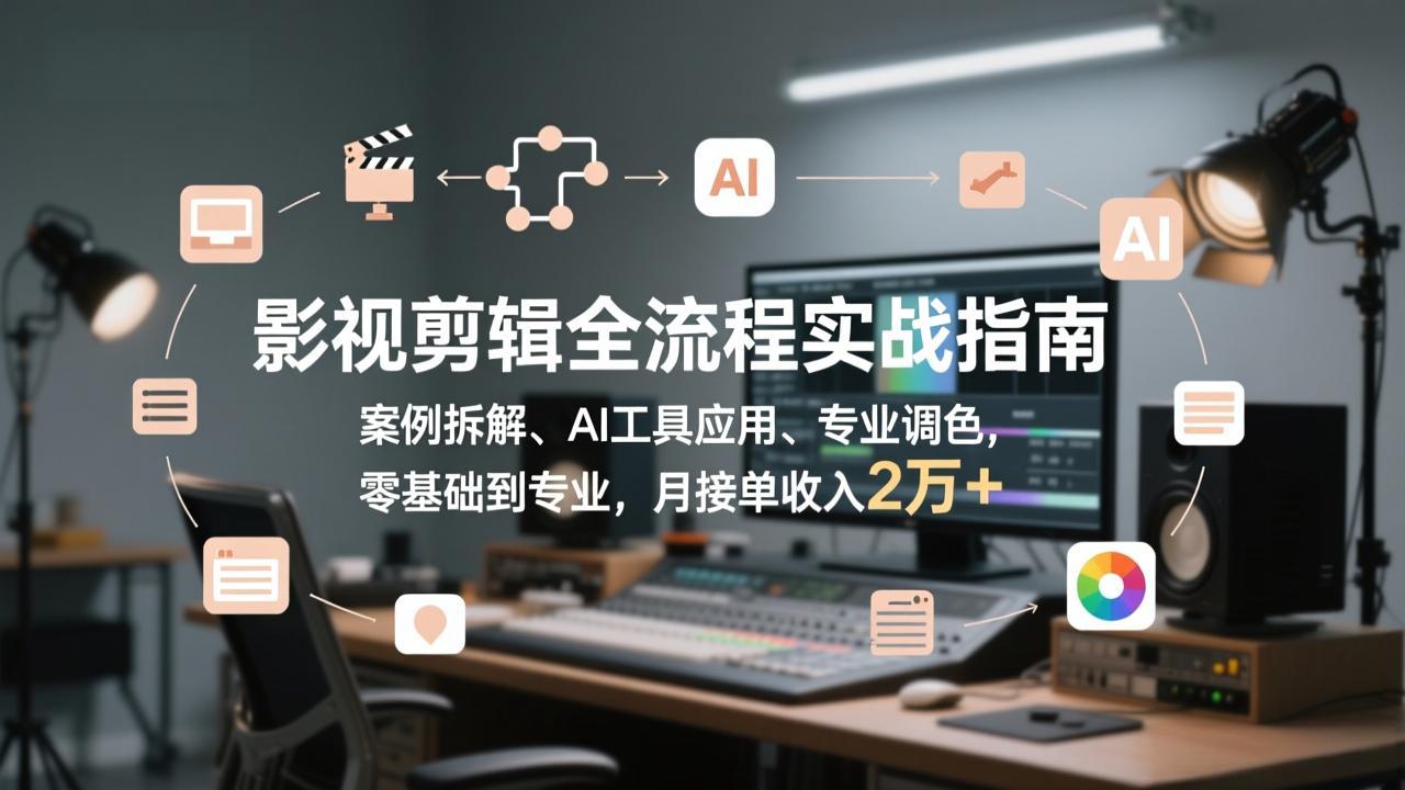 影视剪辑全流程实战指南，案例拆解、AI工具应用、专业调色，零基础到专业，月接单收入2万+-伊亚库