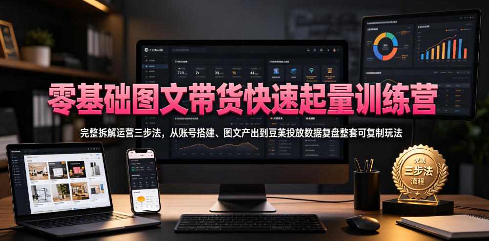 零基础图文带货快速起量训练营，完整拆解运营三步法，从账号搭建、图文产出到豆荚投放数据复盘整套可复制玩法-伊亚库