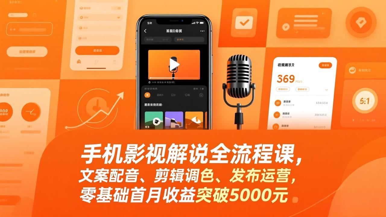 手机影视解说全流程课，文案配音、剪辑调色、发布运营，零基础首月收益突破5000元-伊亚库