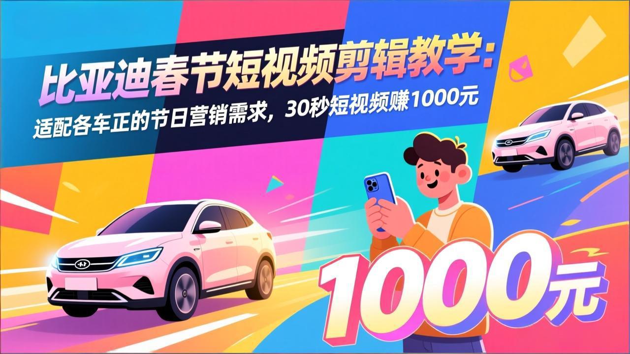 比亚迪春节短视频剪辑教学：适配各车企的节日营销需求，30秒短视频赚1000元-伊亚库