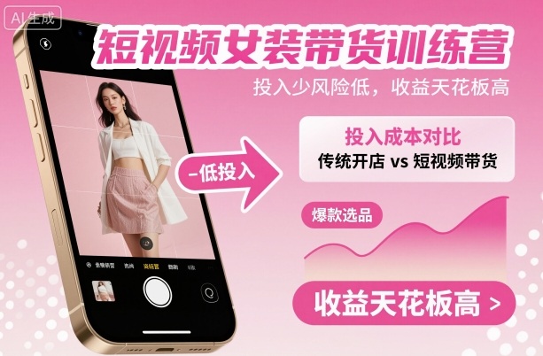 短视频女装带货训练营，投入少风险低，收益天花板高-伊亚库