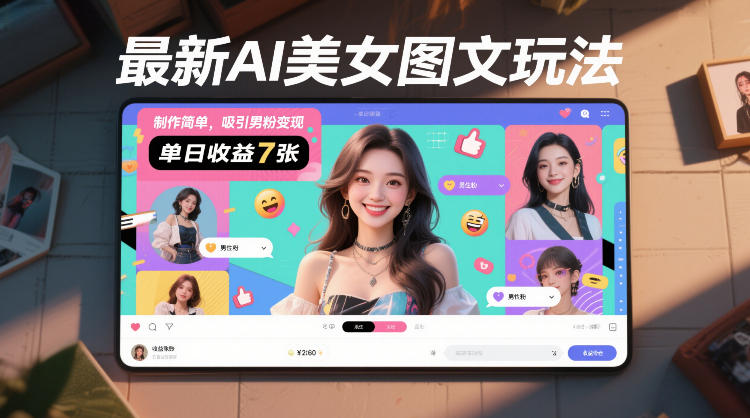 最新AI美女图文玩法，制作简单，吸引男粉变现，单天收益7张-伊亚库