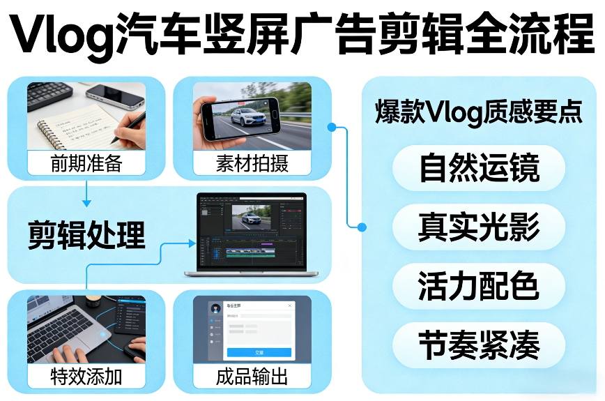 Vlog感觉汽车竖屏广告剪辑脚本全流程，拿捏爆款Vlog质感-伊亚库