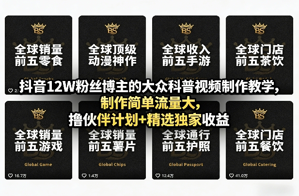 抖音12W粉丝博主的大众科普视频制作教学，制作简单流量大，撸伙伴计划+精选独家收益-伊亚库