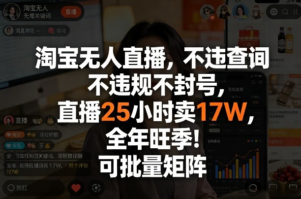 淘宝无人直播，不违规不封号，直播25小时卖17W，全年旺季！可批量矩阵【揭秘】-伊亚库