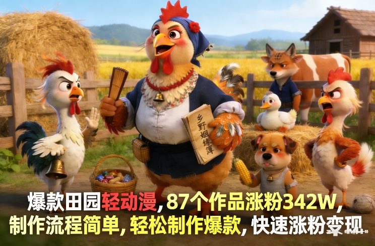 爆款田园轻动漫，87个作品涨粉342W，制作流程简单，轻松制作爆款，快速涨粉变现-伊亚库