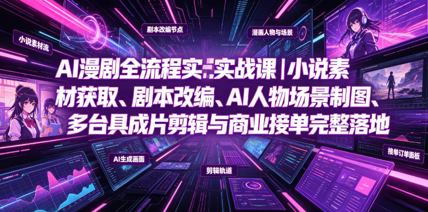 AI漫剧全流程实战课|小说素材获取、剧本改编、AI人物场景制图、多工具成片剪辑、平台付费变现与商业接单完整落地