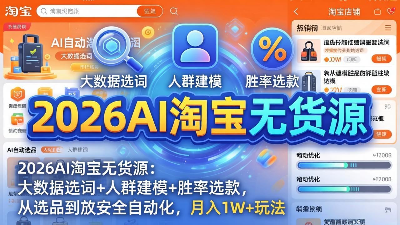 2026AI淘宝无货源：大数据选词+人群建模+胜率选款，从选品到放大全自动化，月入1W+玩法-伊亚库