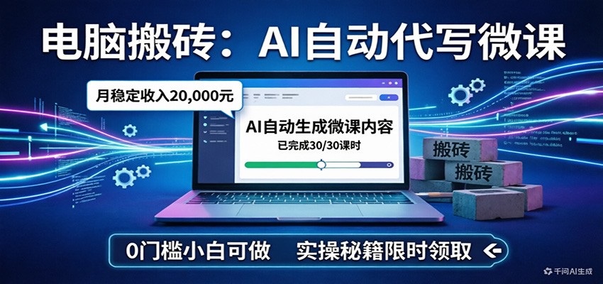电脑搬砖AI自动代写微课，月稳定2W，0门槛小白可做，实操秘籍-伊亚库