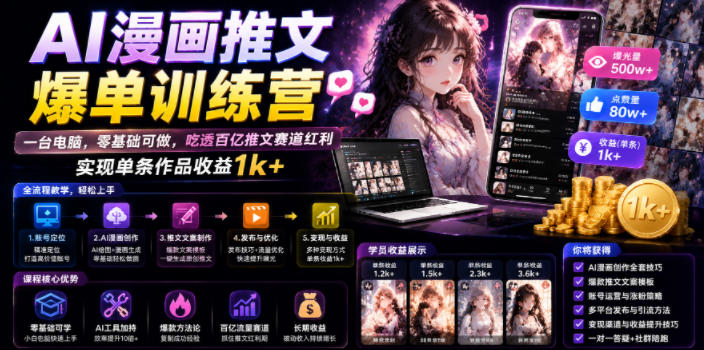 AI漫画推文爆单训练营,一台电脑,零基础可做,吃透百亿推文赛道红利,实现单条作品收益1k+