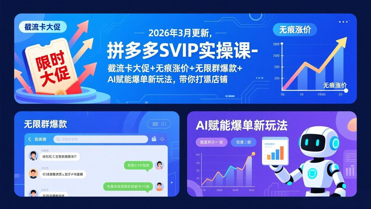 拼多多SVIP实操课-26年3月,截流卡大促+无痕涨价+无限群爆款+AI赋能爆单新玩法,带你打爆店铺-伊亚库