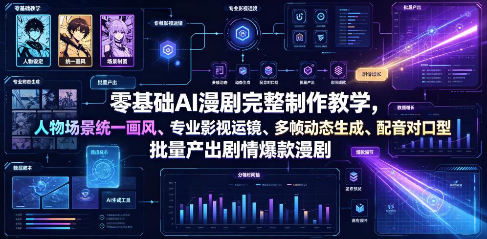 零基础AI漫剧完整制作教学,人物场景统一画风、专业影视运镜、多帧动态生成、配音对口型,批量产出剧情爆款漫剧