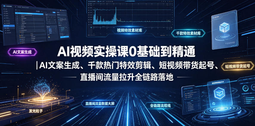 AI视频实操课0基础到精通｜AI文案生成、千款热门特效剪辑、短视频带货起号、直播间流量拉升全链路落地-伊亚库