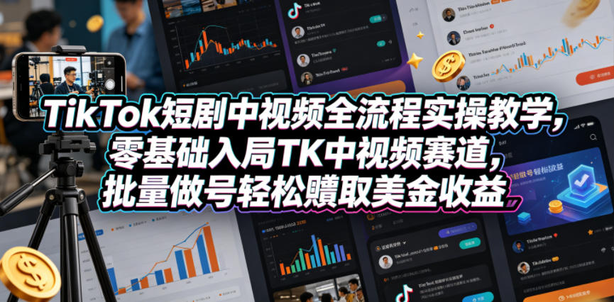 TikTok短剧中视频全流程实操教学，零基础入局TK中视频赛道，批量做号轻松賺取美金收益-伊亚库