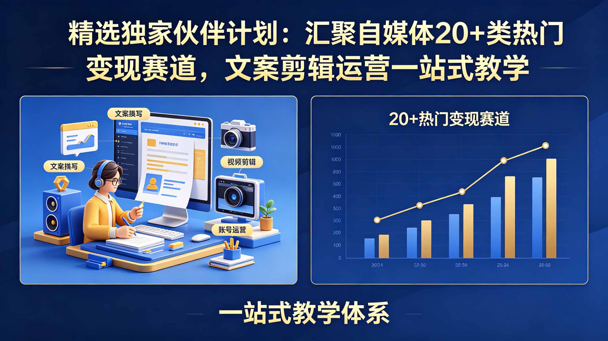 精选独家伙伴计划：汇聚自媒体20+类热门变现赛道，文案剪辑运营一站式教学-伊亚库