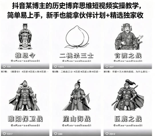 抖音某博主的历史博弈思维短视频实操教学，简单易上手，新手也能拿伙伴计划+精选独家收益-伊亚库