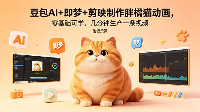 豆包AI+即梦+剪映制作胖橘猫动画，零基础可学，几分钟生产一条视频，附提示词-伊亚库