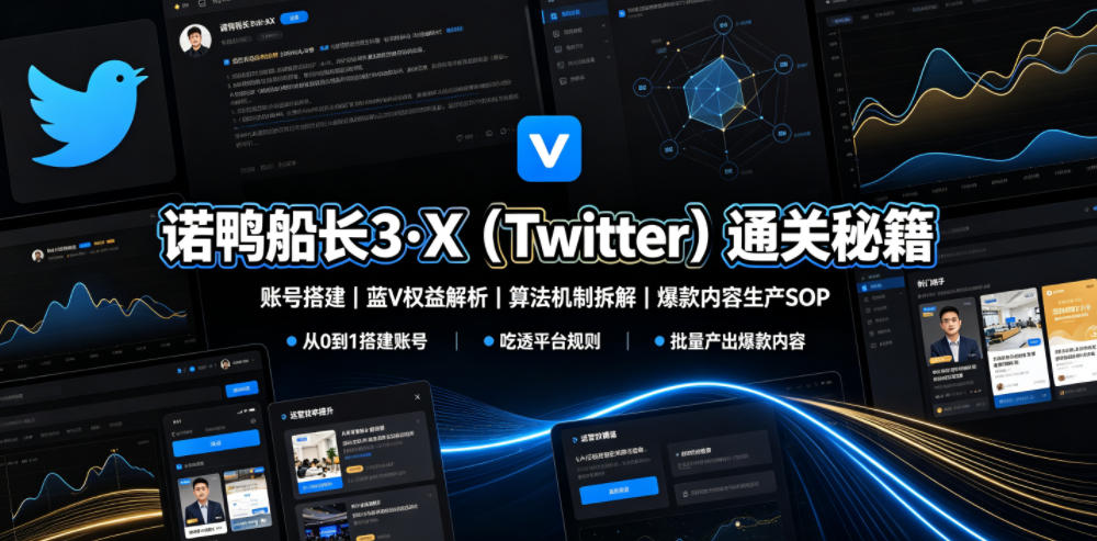 诺鸭船长3·X(Twitter)通关秘籍，涵盖账号搭建、蓝V权益解析、算法机制拆解及爆款内容生产SOP-伊亚库