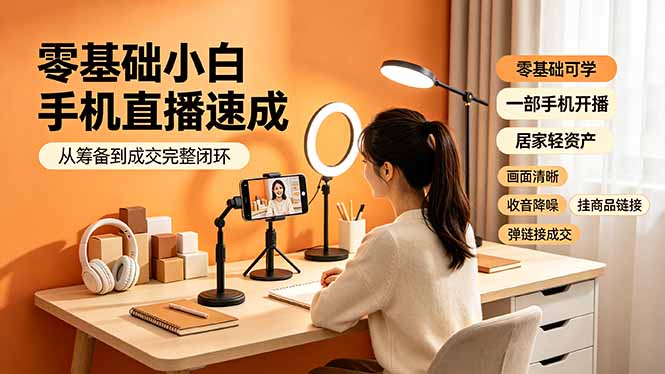 零基础小白手机直播速成，从筹备到成交完整闭环，适配苹果安卓系统，解决杂音卡顿留人难问题-伊亚库
