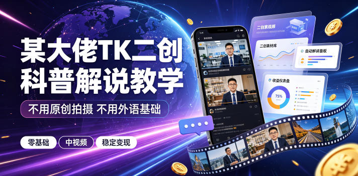 某大佬TK二创科普解说教学，不用原创拍摄不用外语基础，零基础做TikTok中视频稳定变现-伊亚库