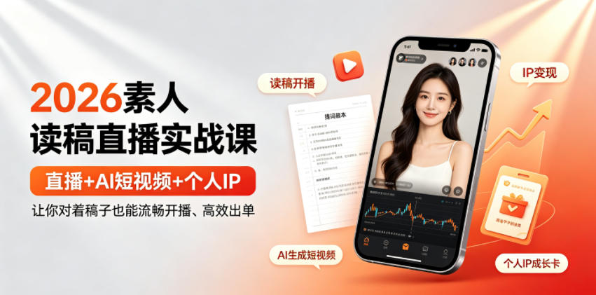 2026素人读稿直播实战课｜直播+AI短视频+个人IP，让你对着稿子也能流畅开播、高效出单-伊亚库