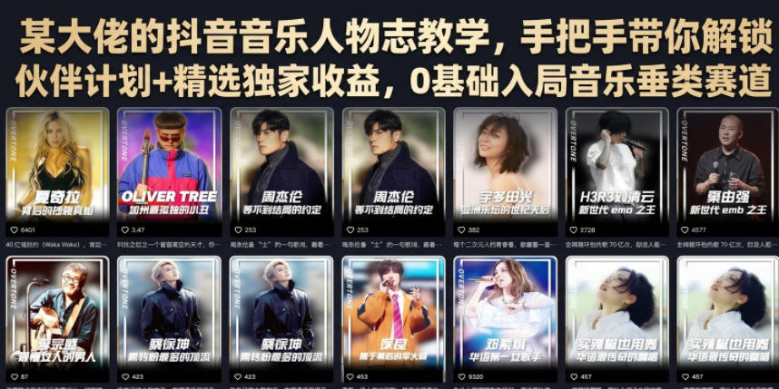 某大佬的抖音音乐人物志教学，手把手带你解锁伙伴计划+精选独家收益，0基础入局音乐垂类赛道-伊亚库