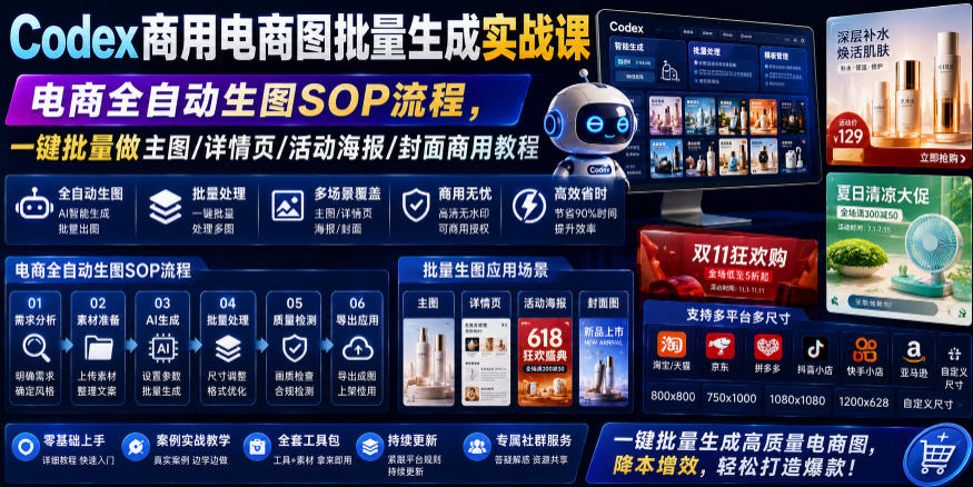 Codex商用电商图批量生成实战课｜电商全自动生图SOP流程，一键批量做主图/详情页/活动海报/封面商用教程-伊亚库