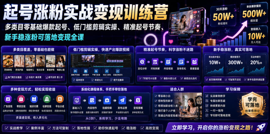苗子起号涨粉实战变现训练营，多类目零基础爆款起号、精准起号节奏、新手稳涨粉可落地变现全课-伊亚库
