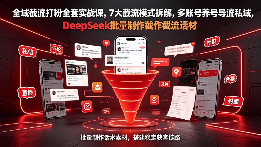 全域截流打粉全套实战课，7大截流模式拆解，多账号养号导流私域，DeepSeek批量制作截流话术素材-伊亚库