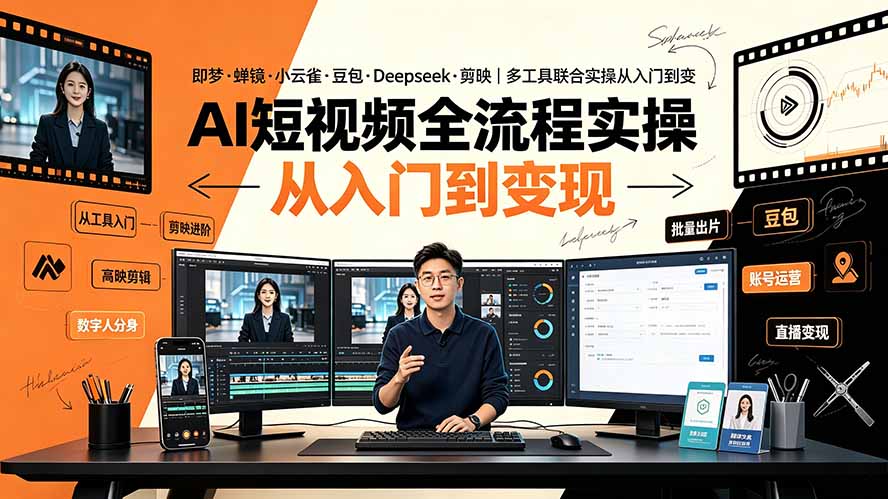 AI短视频全流程实操：即梦·蝉镜·小云雀·豆包·Deepseek·剪映｜多工具联合实操从入门到变现-伊亚库