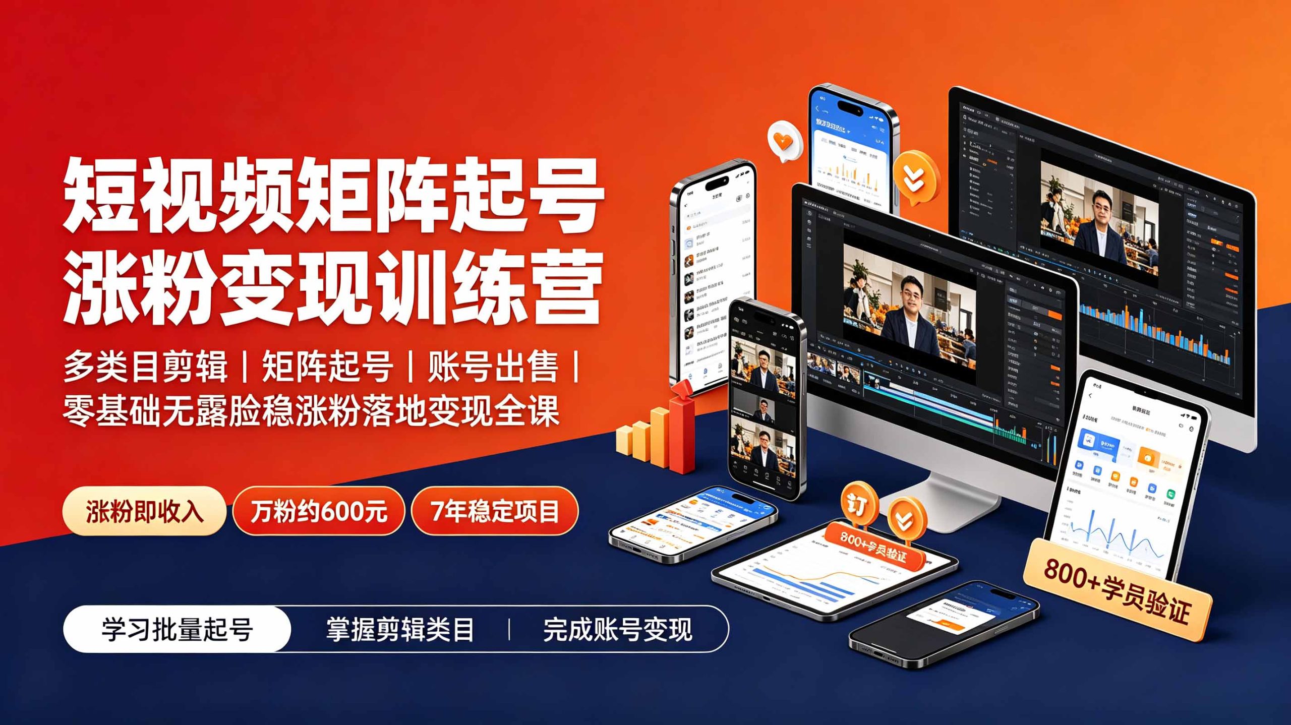 短视频矩阵起号涨粉变现训练营|多类目剪辑·矩阵起号·账号出售,零基础无露脸稳涨粉落地变现全课-伊亚库