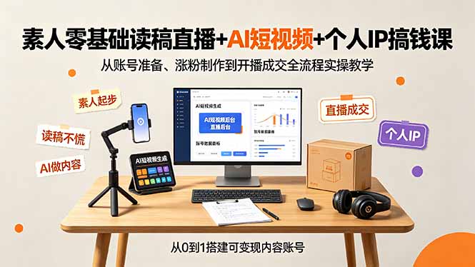 素人零基础读稿直播+AI短视频+个人IP搞钱课，从账号准备、涨粉制作到开播成交全流程实操教学-伊亚库